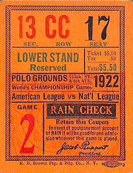 1922 World Series Game 2 Polo Grounds Ticket Stub 